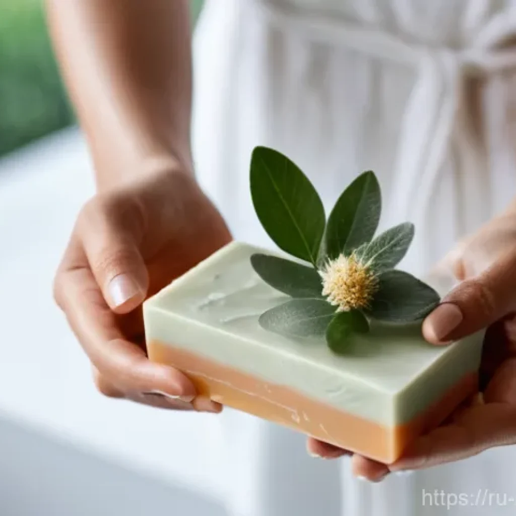 천연비누 미세먼지 제거 - **Prompt:** "A serene, close-up shot of a woman's hands gently lathering a beautiful, artisanal natu...