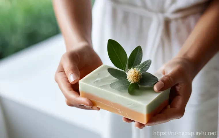천연비누 미세먼지 제거 - **Prompt:** "A serene, close-up shot of a woman's hands gently lathering a beautiful, artisanal natu...