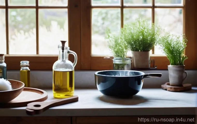 천연비누 만들기 초보자 - **Prompt:** A cozy, rustic kitchen workbench bathed in soft, natural daylight. Focus on a skilled ar...