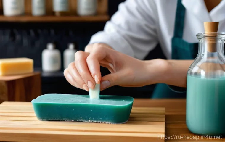 천연비누 물과 비율 - **Prompt 1: The Precision of Water in Soap Making**
    "A close-up, high-angle shot of a female art...