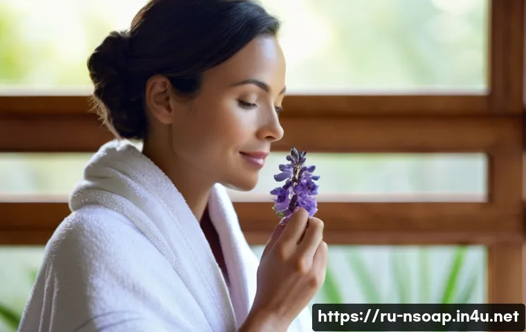 천연비누 만드는 방법 분석 - "A serene woman, mid-30s, with glowing, healthy skin, gently caressing her cheek in a tranquil bathr...