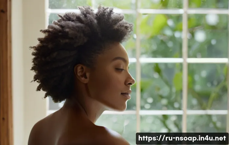 천연비누 유기농 비누 - **A radiant woman enjoying a serene moment in a beautifully lit bathroom, gently holding a bar of ar...