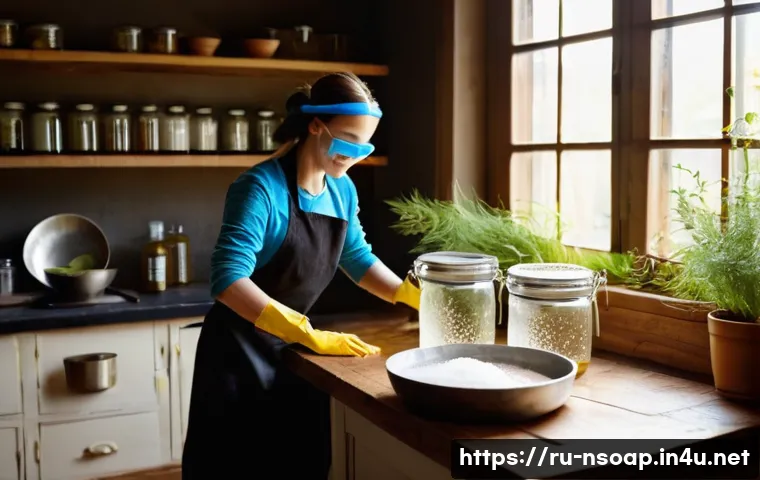 천연비누 수제 만들기 - **Prompt 1: The Aspiring Soapmaker's First Batch**
A wide-angle shot in a brightly lit, rustic k...