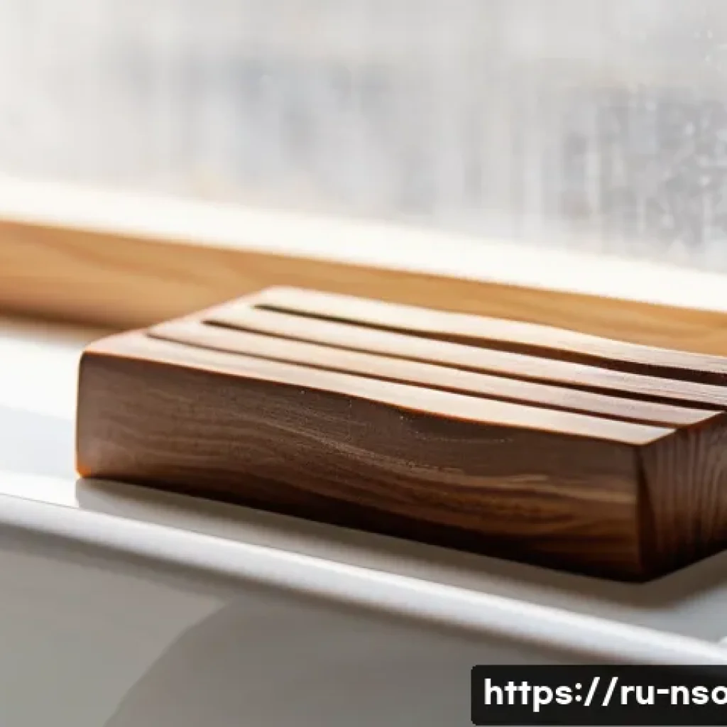 천연비누 사용법 - A rustic wooden soap dish with drainage slots holding a natural handmade soap bar that has a slightl...