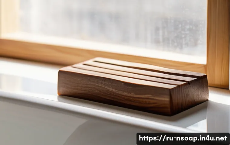 천연비누 사용법 - A rustic wooden soap dish with drainage slots holding a natural handmade soap bar that has a slightl...