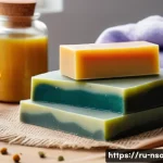 천연비누 홈메이드 만들기 - A cozy home soap-making setup on a wooden kitchen table featuring natural soap bars in various paste...