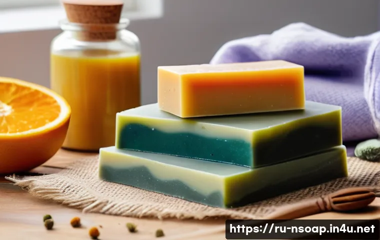 천연비누 홈메이드 만들기 - A cozy home soap-making setup on a wooden kitchen table featuring natural soap bars in various paste...