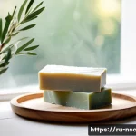 천연비누 효능과 부작용 분석 - A serene natural bathroom scene featuring handmade olive oil soap bars placed on a wooden soap dish ...