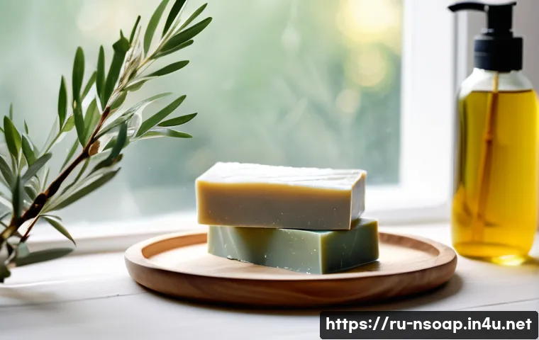 천연비누 효능과 부작용 분석 - A serene natural bathroom scene featuring handmade olive oil soap bars placed on a wooden soap dish ...