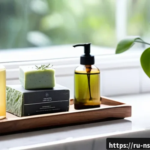 천연비누 피부 트러블 - A serene bathroom scene featuring a neatly arranged collection of natural soaps on a wooden tray bes...