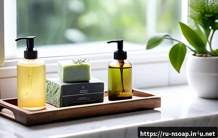 천연비누 피부 트러블 - A serene bathroom scene featuring a neatly arranged collection of natural soaps on a wooden tray bes...