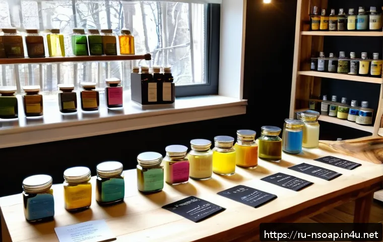천연비누 원료 구입처 - A cozy artisan soap-making workshop scene showing a wooden table filled with natural soap ingredient...