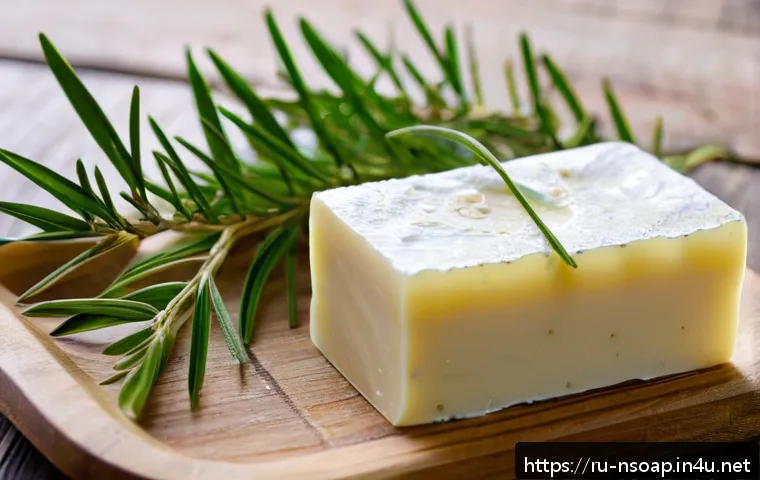 천연비누 고급 원료 - A close-up still life of a premium natural soap bar made with olive oil and shea butter, placed on a...