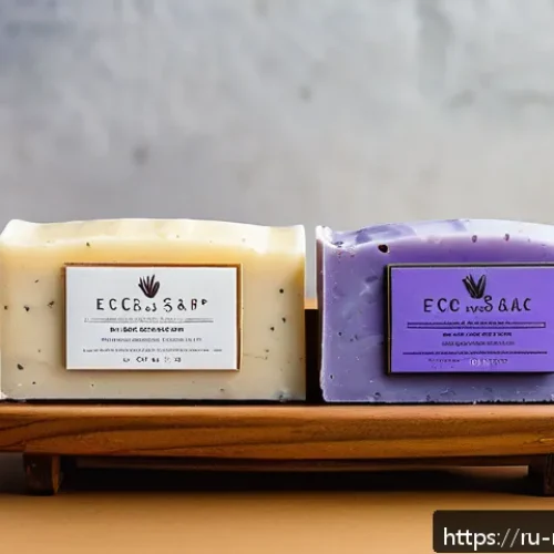천연비누의 세정력 - A serene bathroom scene featuring artisanal natural soap bars made from olive, coconut, and shea but...