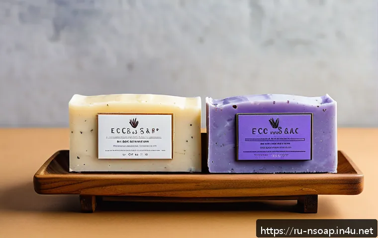 천연비누의 세정력 - A serene bathroom scene featuring artisanal natural soap bars made from olive, coconut, and shea but...