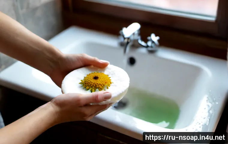 천연비누 오일링 효과 - Photorealistic close-up of hands washing with a handmade natural olive-oil soap bar beside a white p...