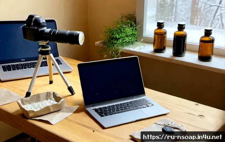 천연비누 블로그 운영 팁 - Photorealistic home workspace for a natural soap blogger in Russia, handmade botanical soap bars, dr...
