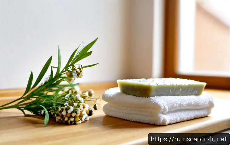Home 17 천연비누 사용 후기 - Photorealistic close-up of a handmade natural soap bar on a light wooden bathroom counter, creamy la...