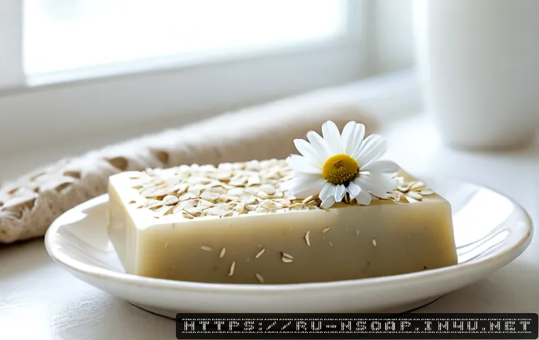 Home 17 천연비누 민감성 피부 - Photorealistic close-up still life of an unbranded handmade natural soap bar on a pale ceramic dish,...