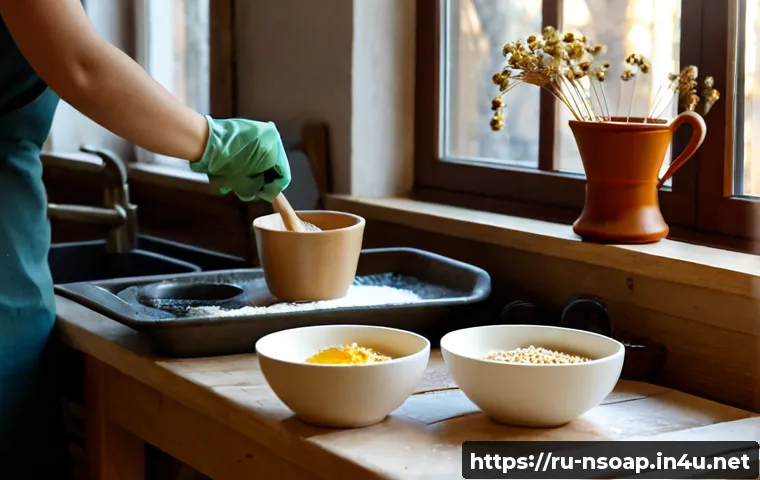 Home 30 천연비누 핸드메이드 만들기 - Photorealistic handmade natural soap-making workspace in a cozy Russian home kitchen, adult hands we...