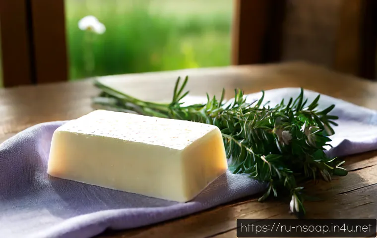 Home 17 천연비누 허브 - Photorealistic still life of handcrafted herbal soap bars on a rustic wooden table, surrounded by fr...
